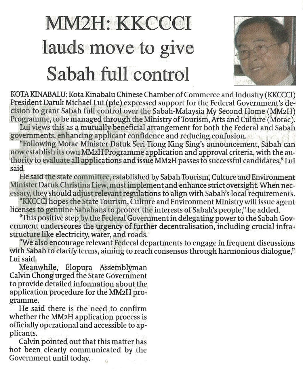 21st July 2024-MM2H: KKCCCI lauds move to give Sabah full control