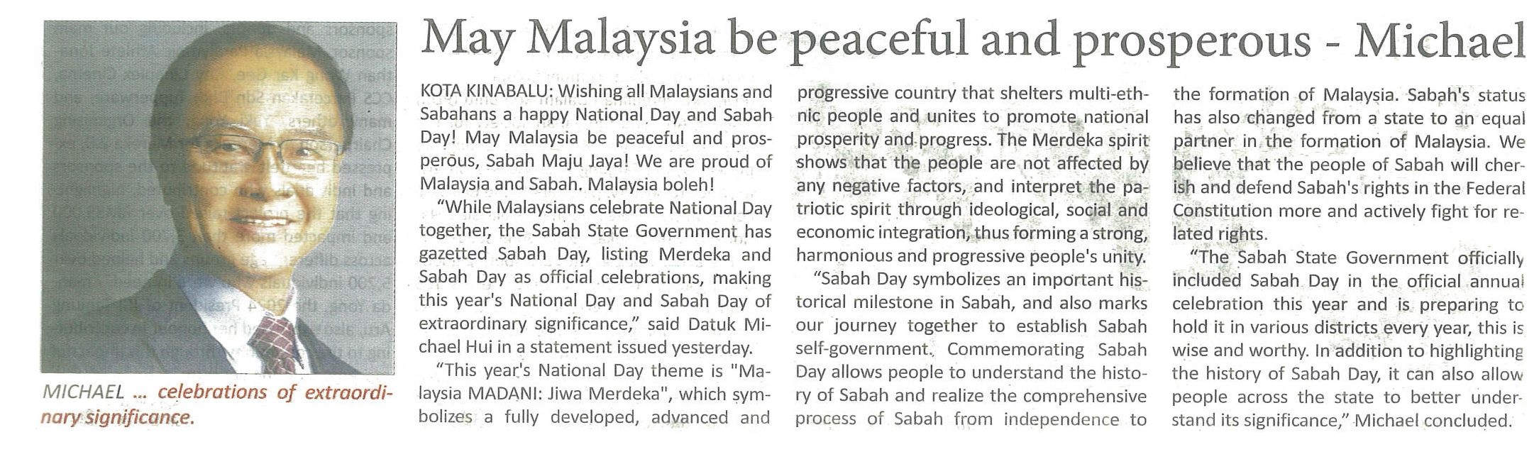 31st Aug 2024-President Datuk Michael Lui’s 2024 National Day and Sabah Day message